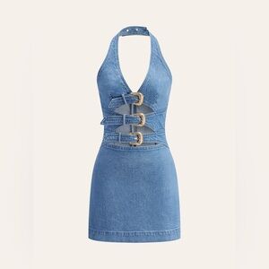 Commense Light Blue Denim Halter Backless Mini Dress with Buckle Straps